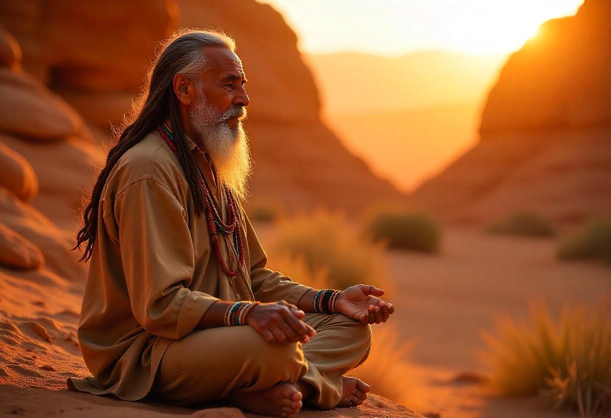 Person mediterar i soluppgång